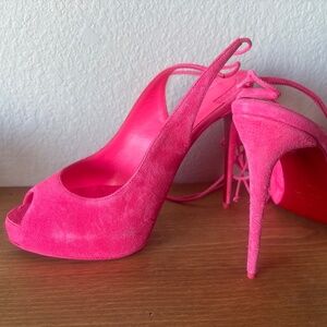 SOLD Christian Louboutin Barbie Pink Suede NVP 120 Peeptoe Pumps Size 38